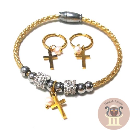 Conjunto pulsera y pendientes cruz