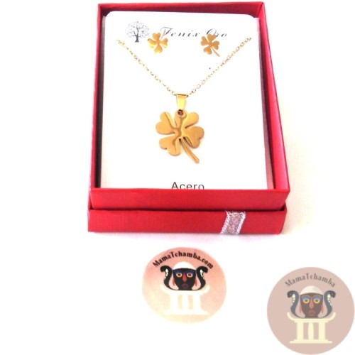 Conjunto Colgante y pendientes trébol dorado